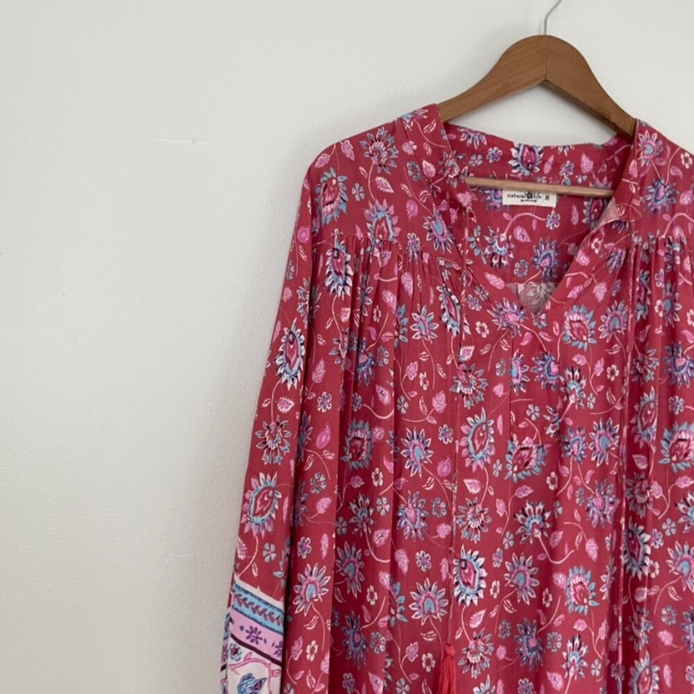Natural Life Dara Floral Tassel Kaftan 3/4 Sleeve Maxi Dress Size Medium - Picture 7 of 7